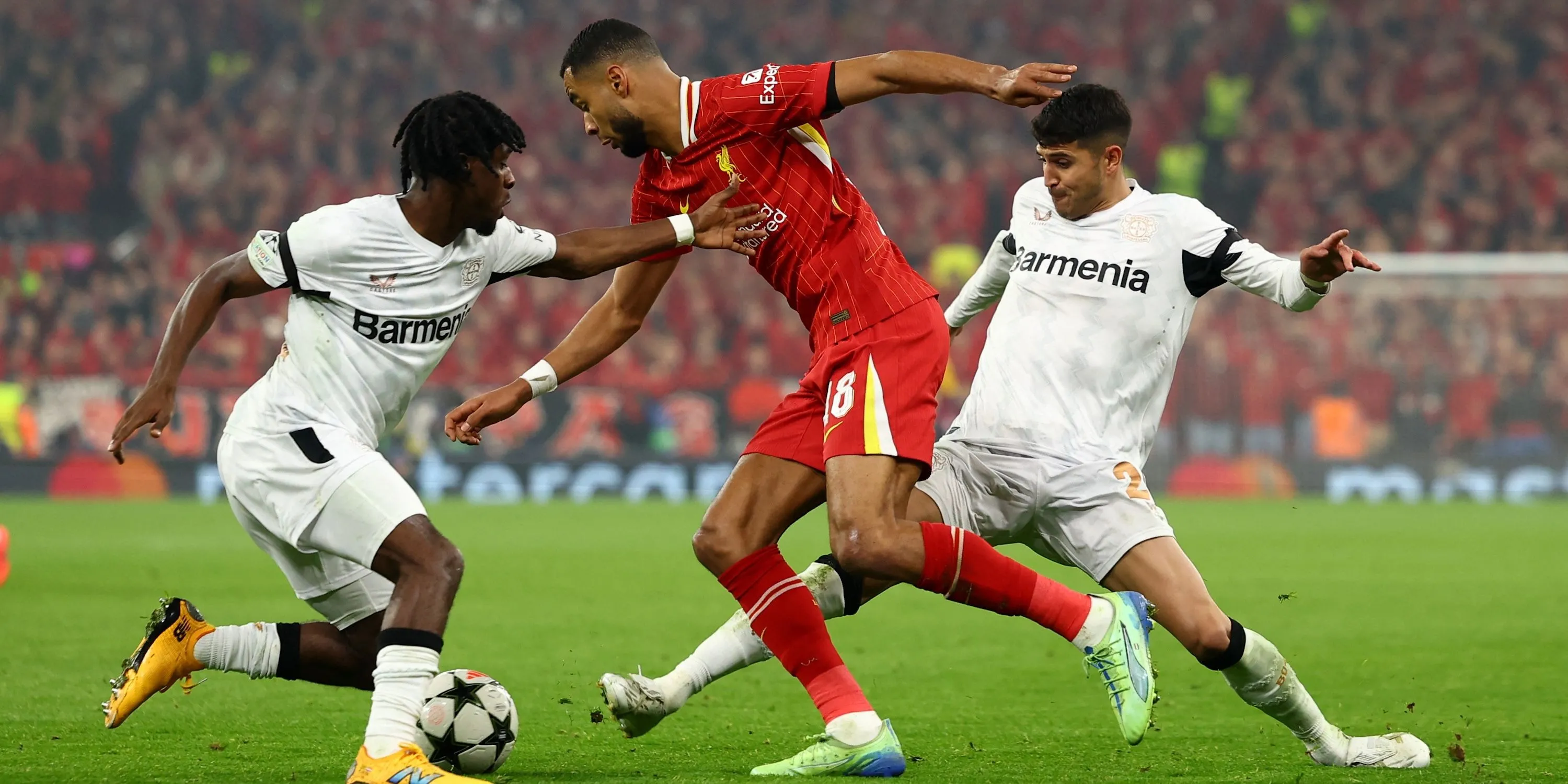 Tuyển thủ Hà Lan Cody Gakpo của Liverpool trong một pha tranh chấp bóng với cầu thủ Bayer Leverkusen
